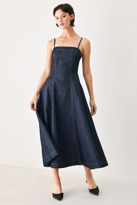 The Coastal Denim Woven Midi Dress in dark denim, view 3 — Soul Flow Apparel