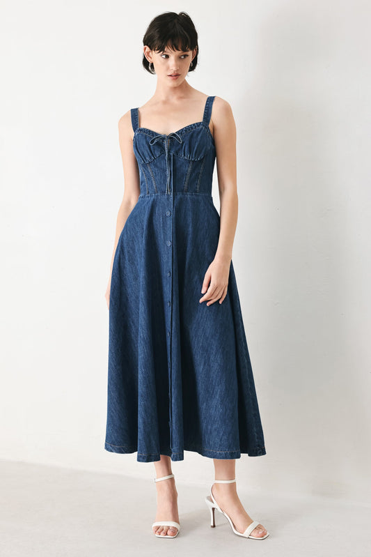 Blue Crush Denim Midi Dress in medium indigo, view 1 — Soul Flow Apparel