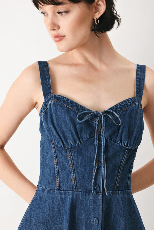 Blue Crush Denim Midi Dress in medium indigo, view 4 — Soul Flow Apparel