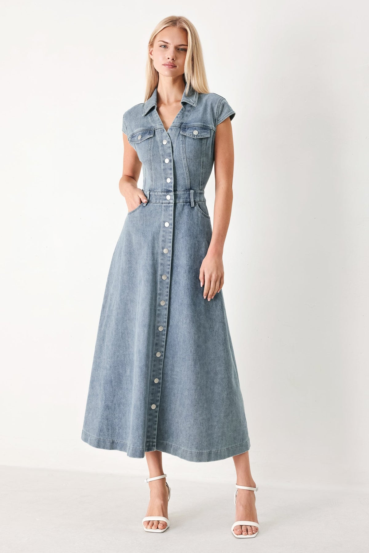 Classic Flow Denim Midi Dress in light denim, view 1 — Soul Flow Apparel