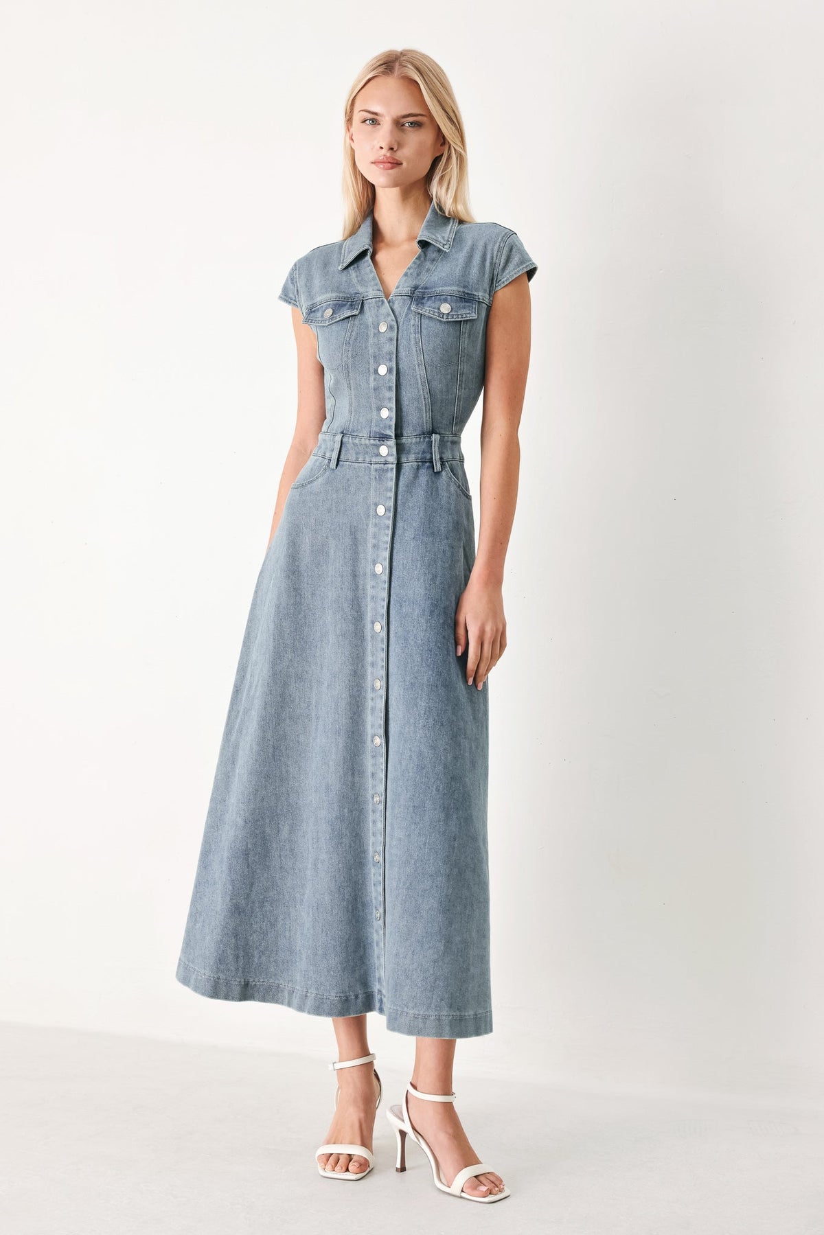 Classic Flow Denim Midi Dress in light denim, view 3 — Soul Flow Apparel