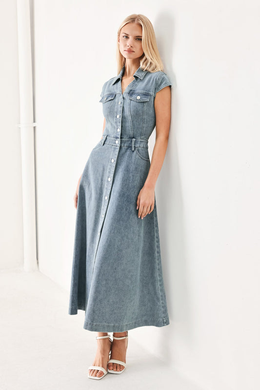 Classic Flow Denim Midi Dress in light denim, view 5 — Soul Flow Apparel