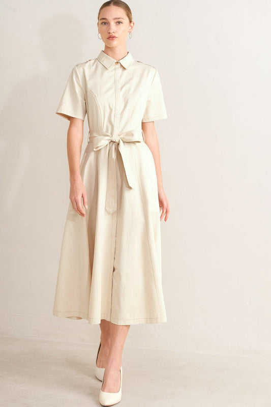 Sandstone Grace Woven Midi Shirt Dress in ecru, view 1 — Soul Flow Apparel