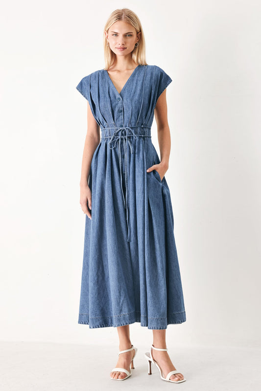 Midnight Flow Denim Midi Dress in indigo, view 1 — Soul Flow Apparel