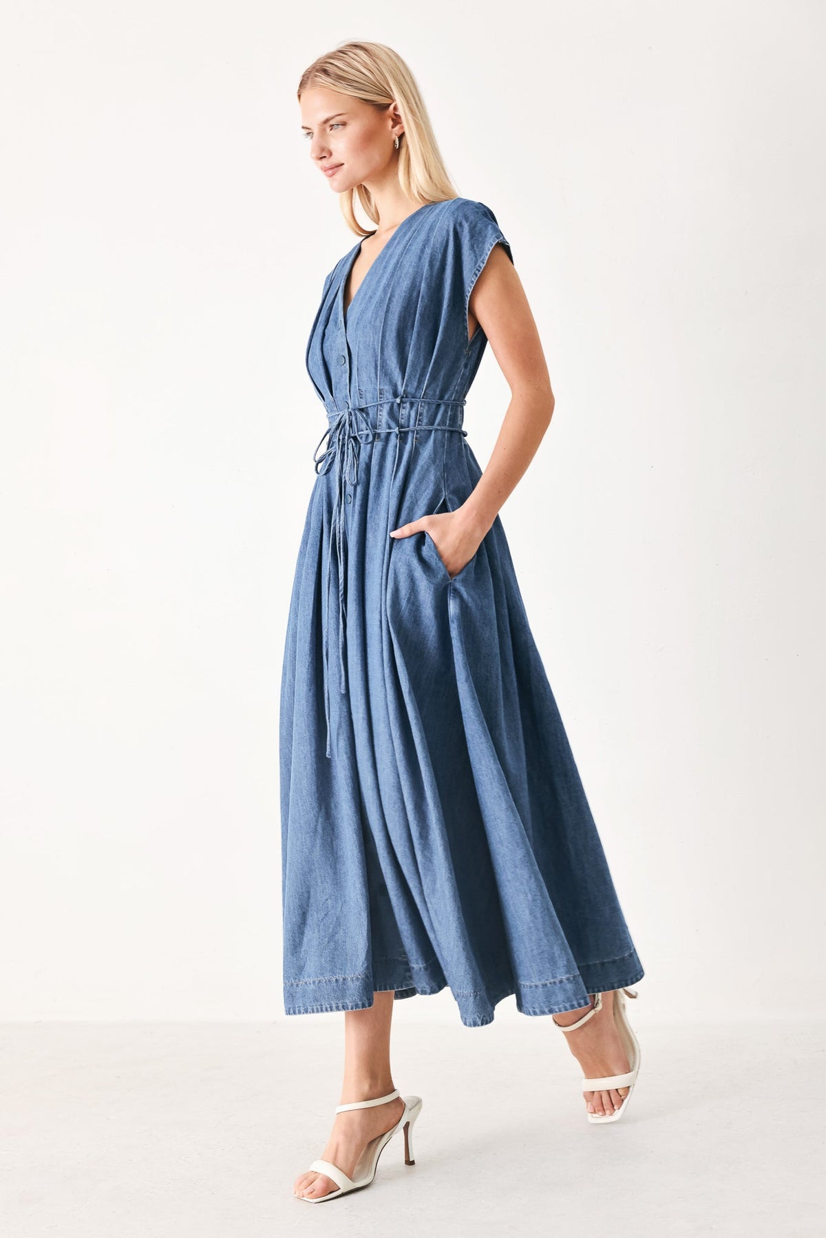 Midnight Flow Denim Midi Dress in indigo, view 2 — Soul Flow Apparel