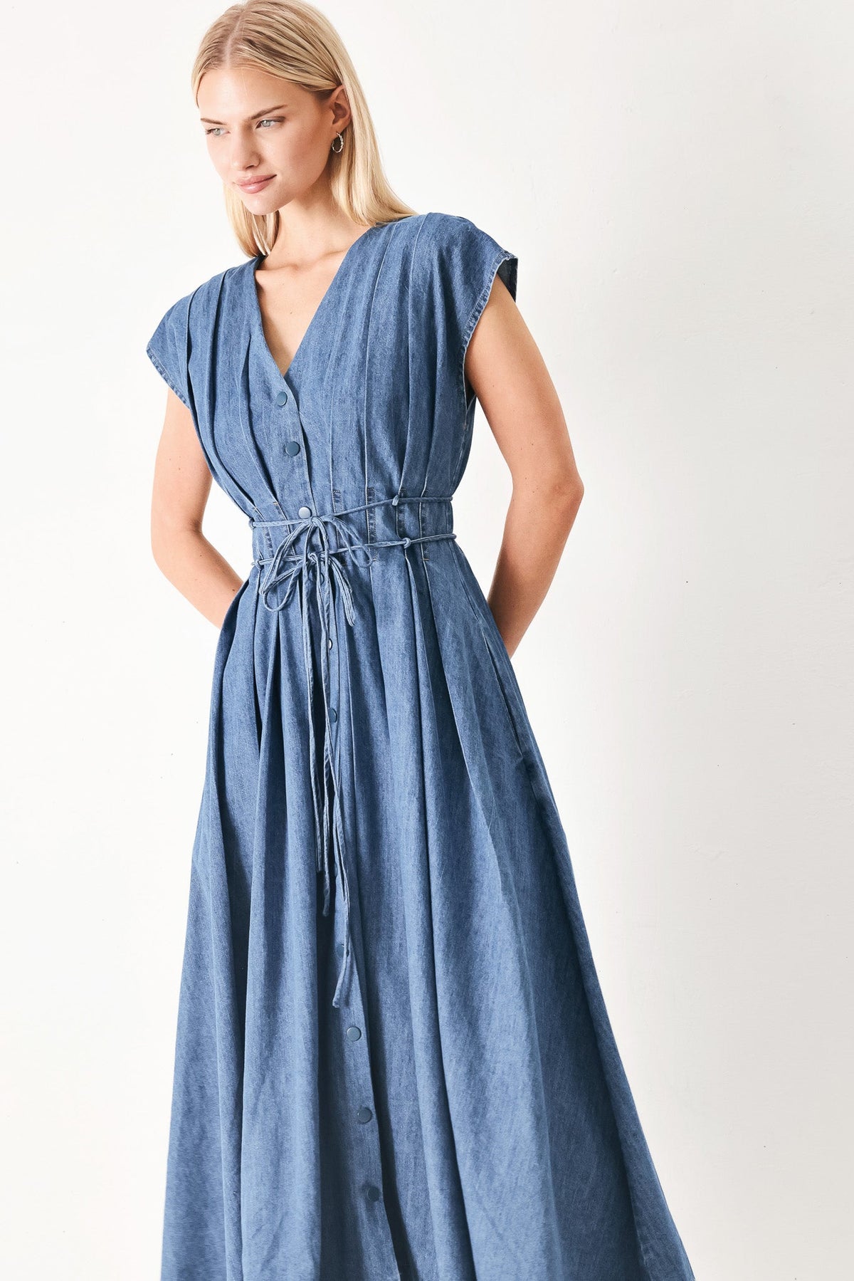 Midnight Flow Denim Midi Dress in indigo, view 3 — Soul Flow Apparel