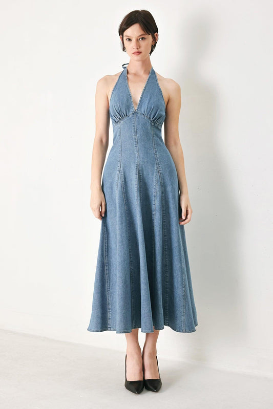 Blue Blossom Denim Midi Dress in medium denim, view 1 — Soul Flow Apparel