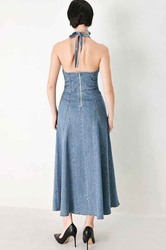 Blue Blossom Denim Midi Dress in medium denim, view 7 — Soul Flow Apparel