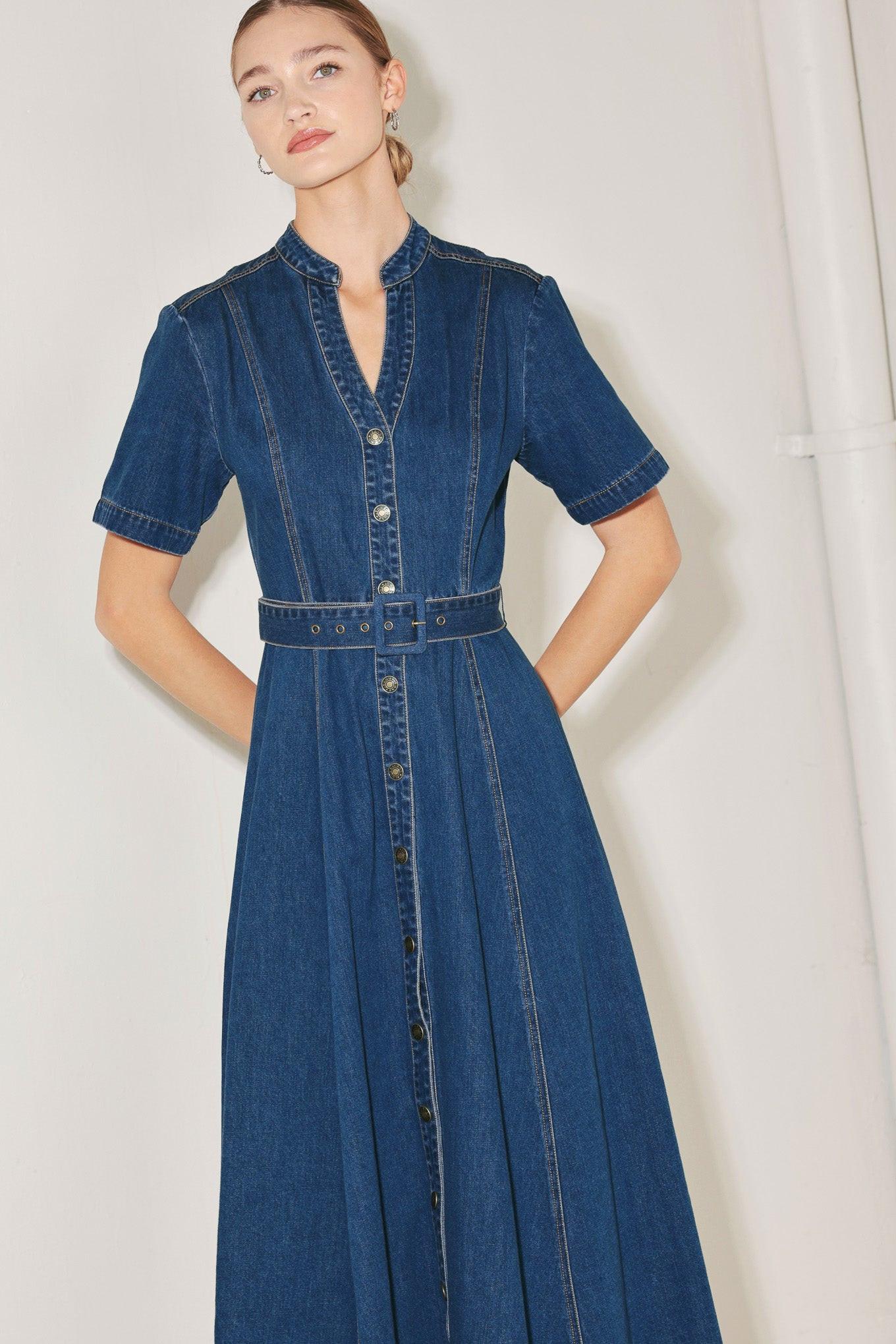 Saturn Street Denim Midi Dress in indigo, view 1 — Soul Flow Apparel