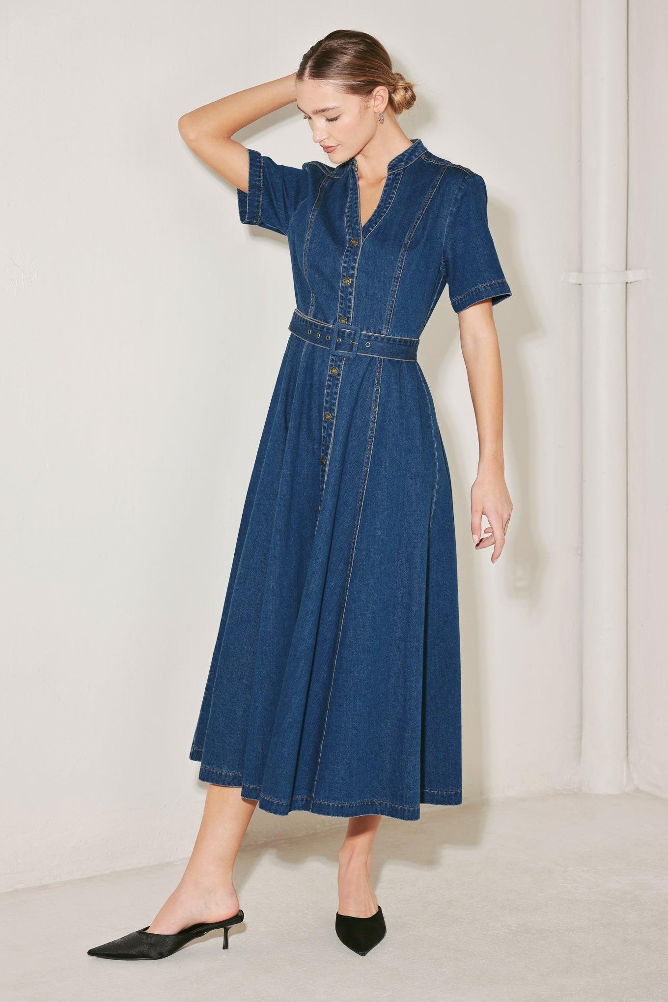 Saturn Street Denim Midi Dress in indigo, view 2 — Soul Flow Apparel
