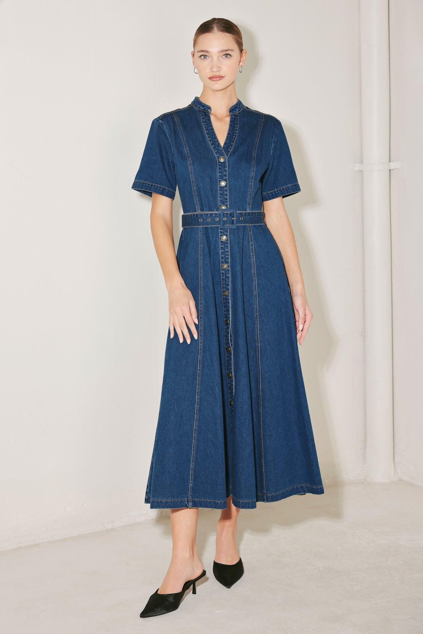 Saturn Street Denim Midi Dress in indigo, view 3 — Soul Flow Apparel