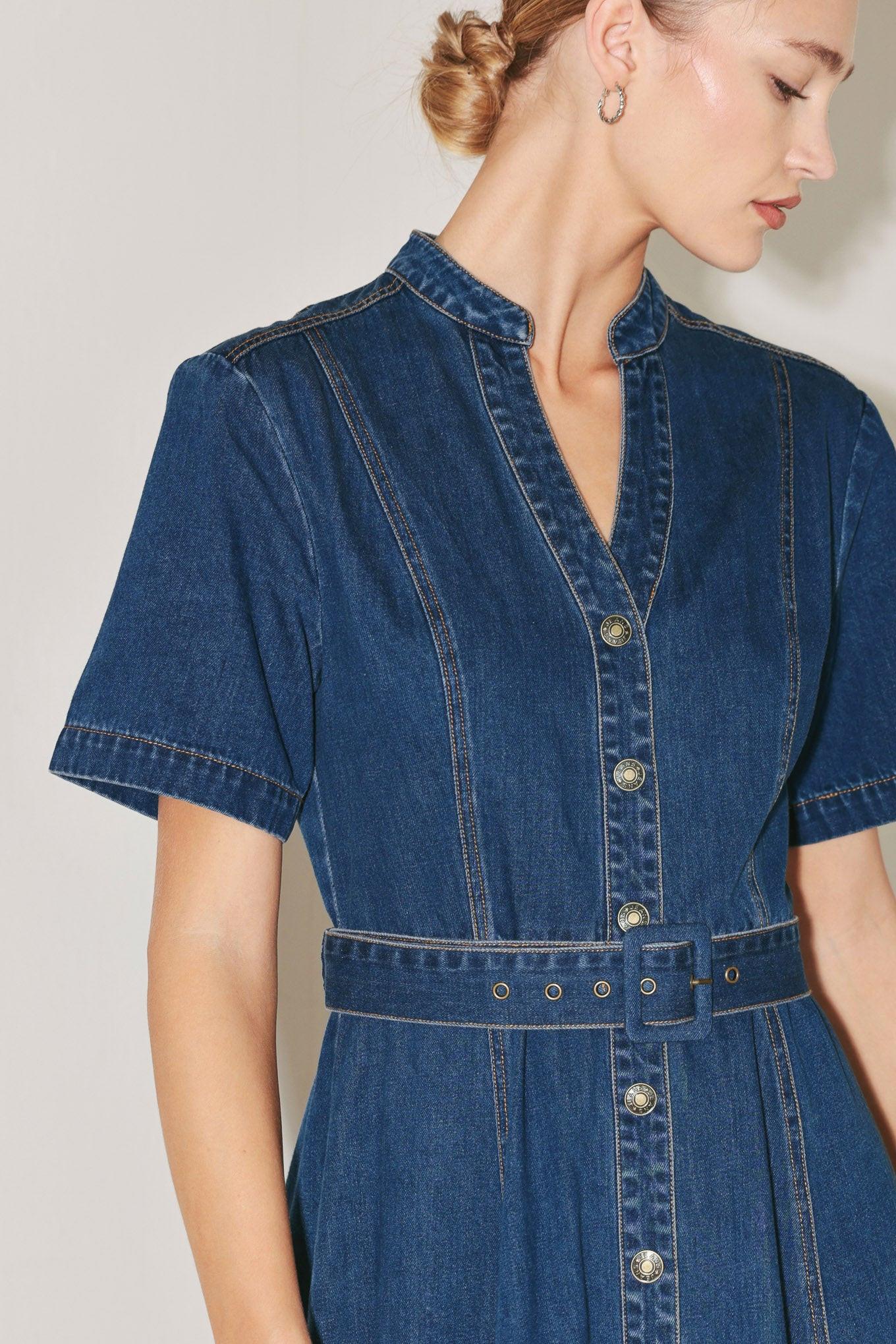 Saturn Street Denim Midi Dress in indigo, view 4 — Soul Flow Apparel