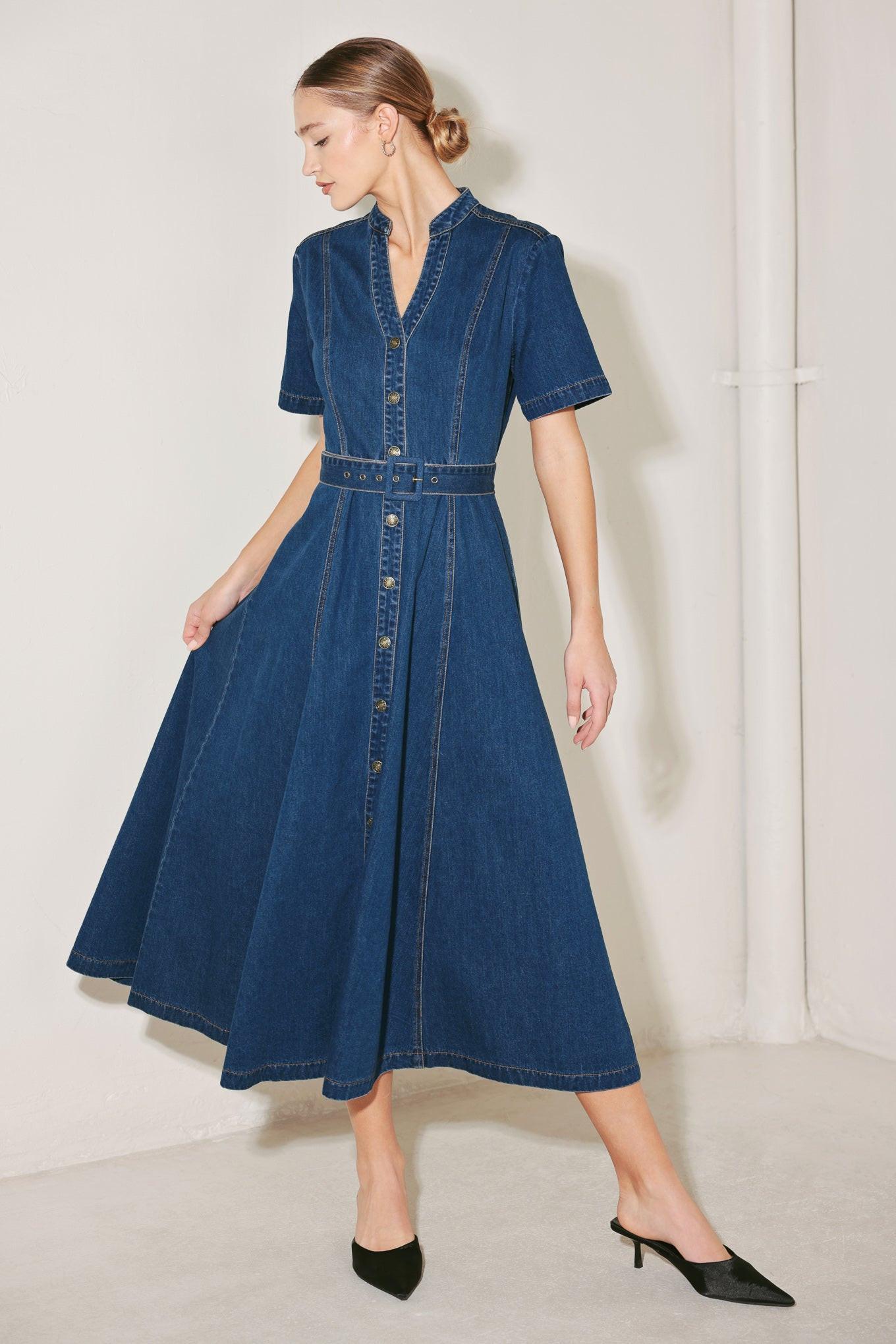 Saturn Street Denim Midi Dress in indigo, view 5 — Soul Flow Apparel