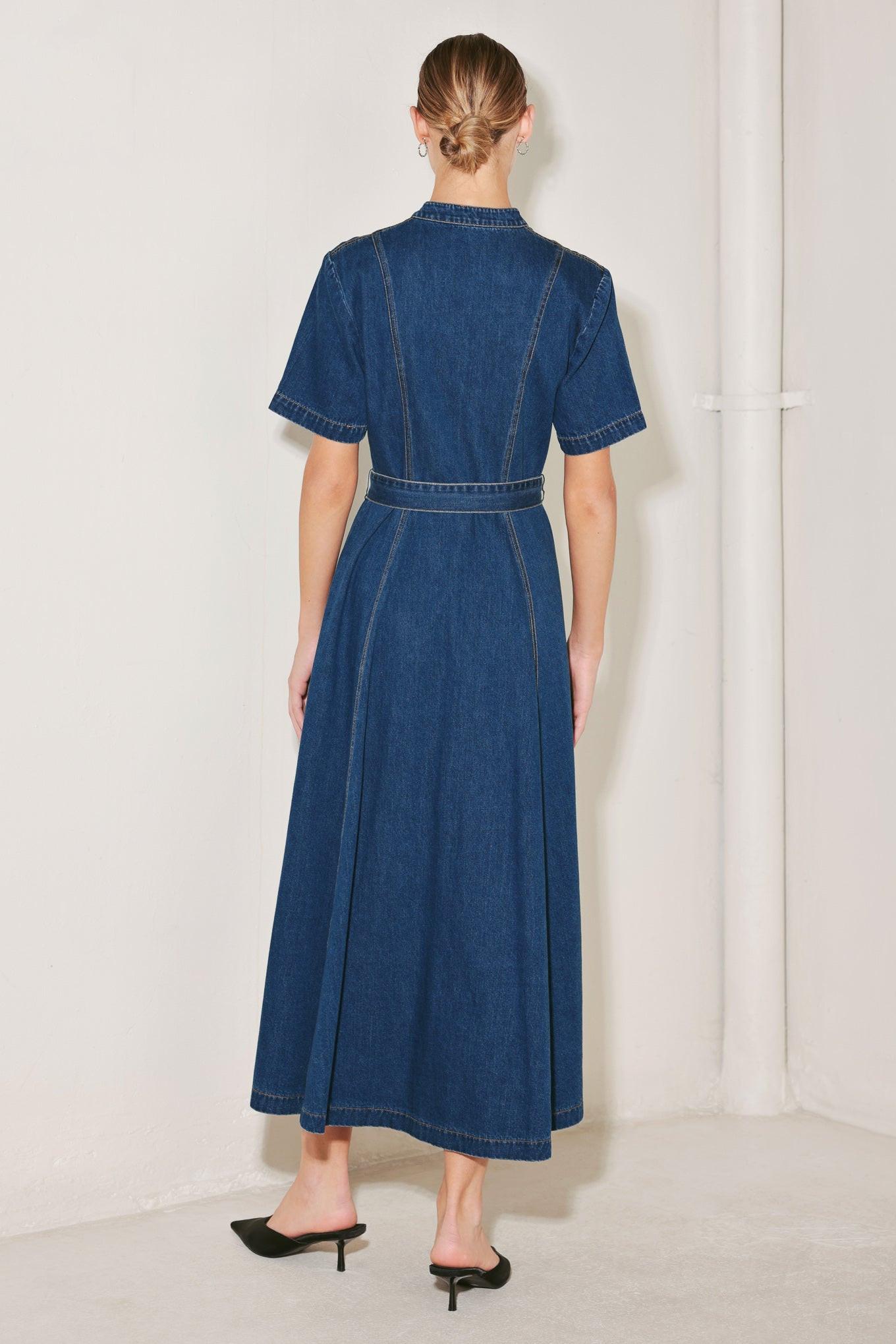 Saturn Street Denim Midi Dress in indigo, view 6 — Soul Flow Apparel