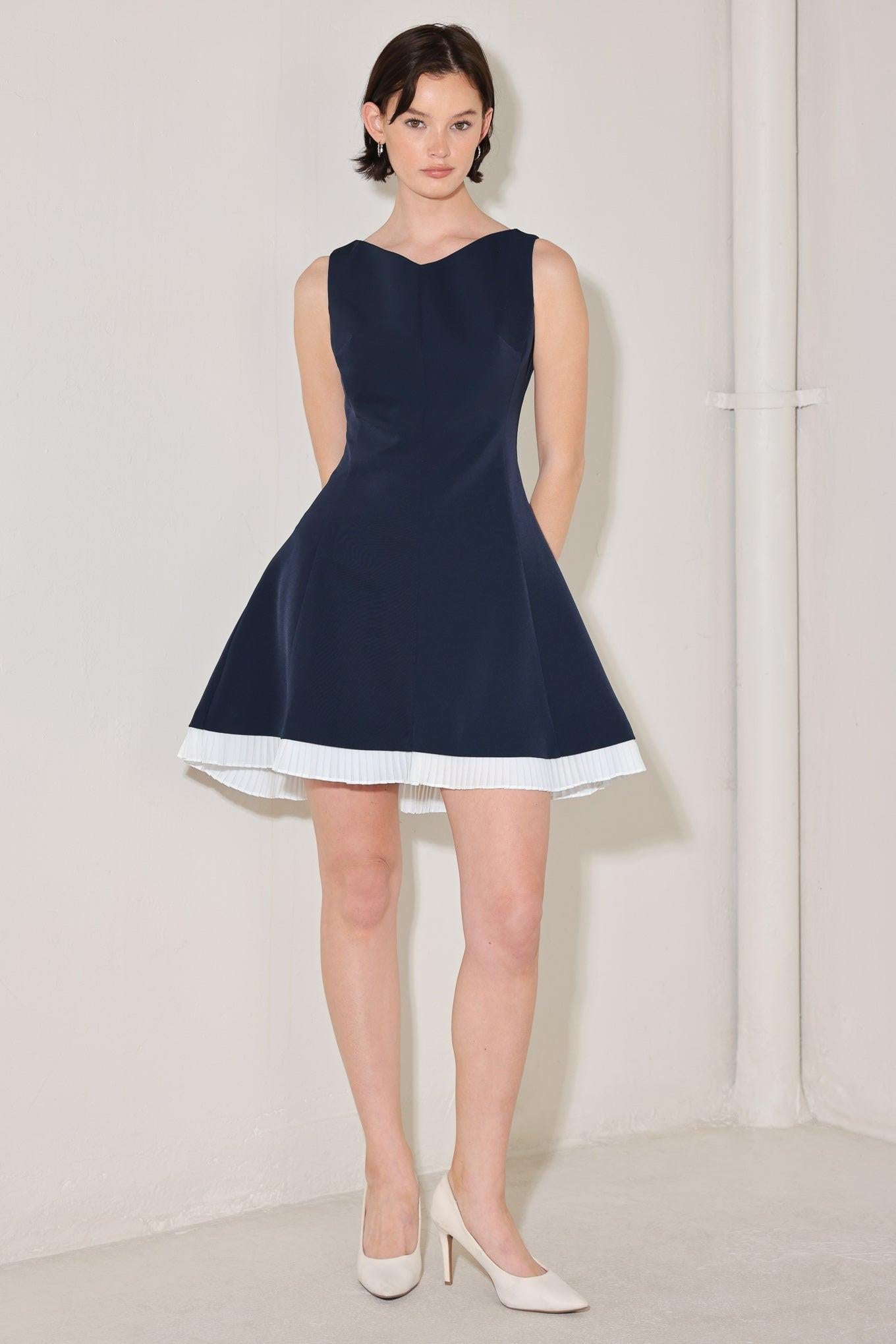 Sweet Escape Woven Mini Dress in navy white, view 1 — Soul Flow Apparel