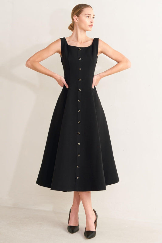 Paris After Dark Woven Midi Dress in black, view 5 — Soul Flow Apparel