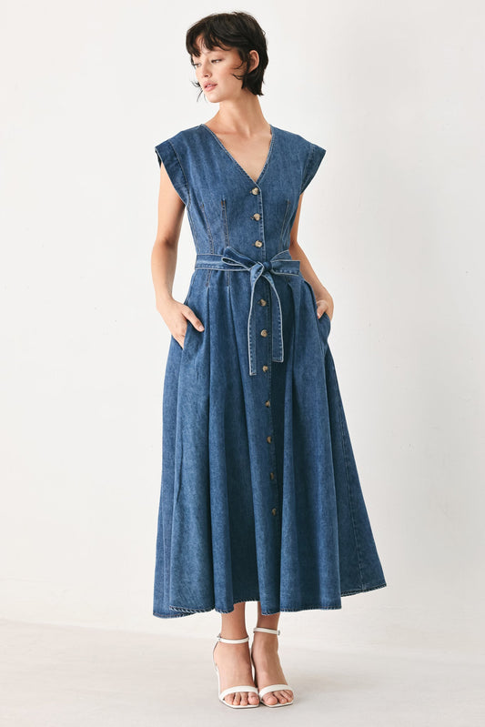 Daydream Denim Midi Dress in medium indigo, view 1 — Soul Flow Apparel