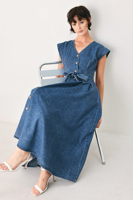 Daydream Denim Midi Dress in medium indigo, view 7 — Soul Flow Apparel