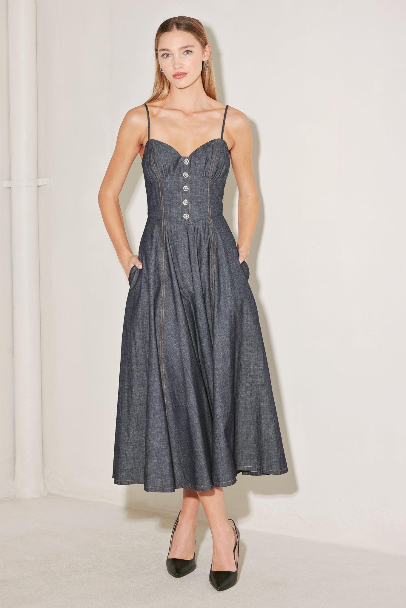 After Hours Serenade Denim Midi Dress in dark, view 2 — Soul Flow Apparel