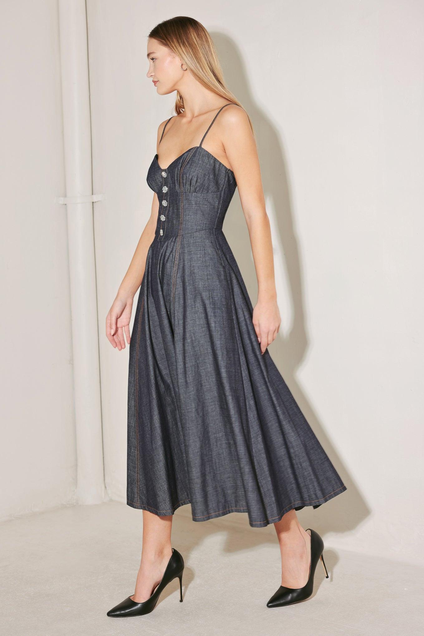 After Hours Serenade Denim Midi Dress in dark, view 5 — Soul Flow Apparel