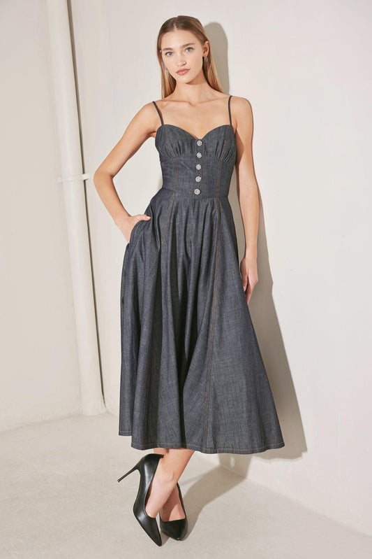 After Hours Serenade Denim Midi Dress in dark, view 6 — Soul Flow Apparel
