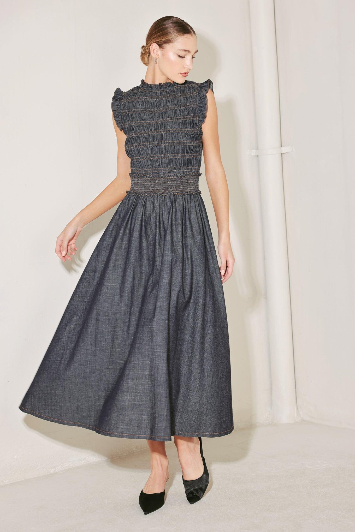 Romantic Reverie Denim Midi Dress in dark, view 1 — Soul Flow Apparel