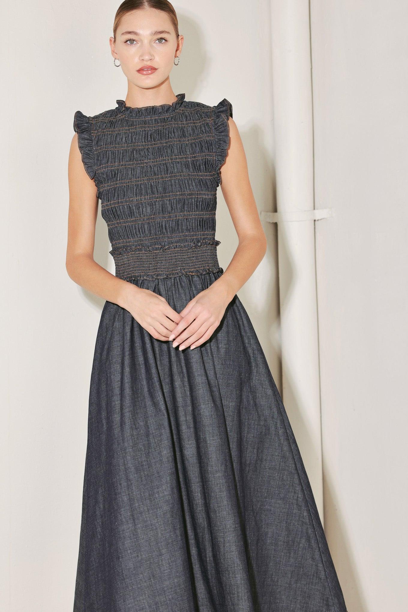 Romantic Reverie Denim Midi Dress in dark, view 2 — Soul Flow Apparel