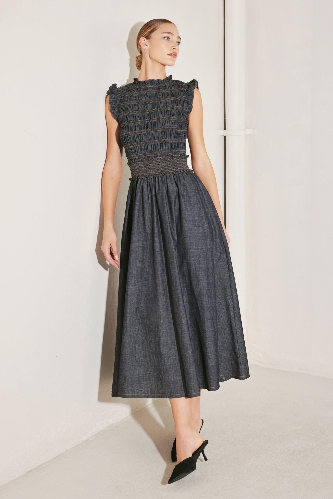Romantic Reverie Denim Midi Dress in dark, view 4 — Soul Flow Apparel