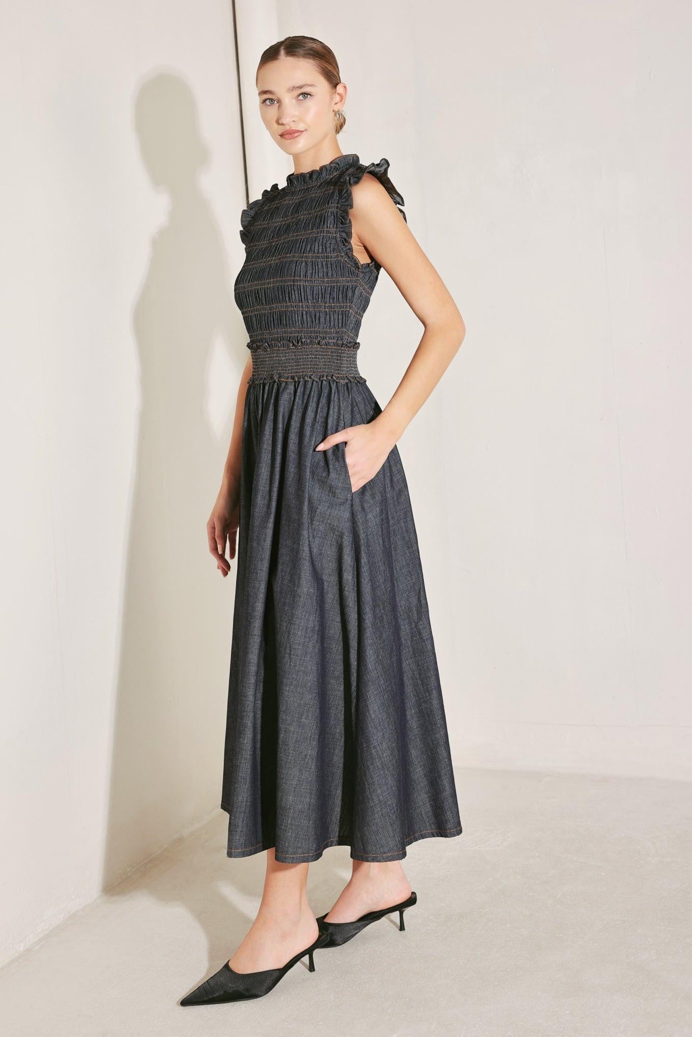 Romantic Reverie Denim Midi Dress in dark, view 6 — Soul Flow Apparel