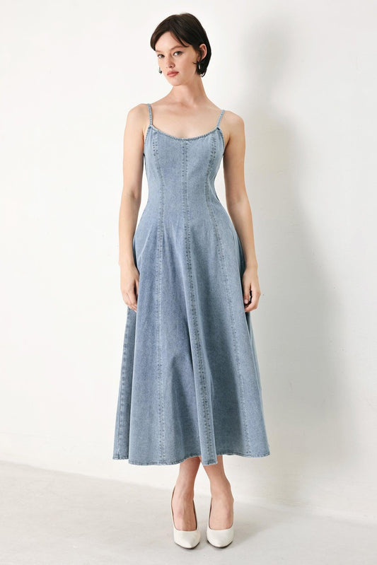 Cloud Ninette Denim Midi Dress in light denim, view 1 — Soul Flow Apparel