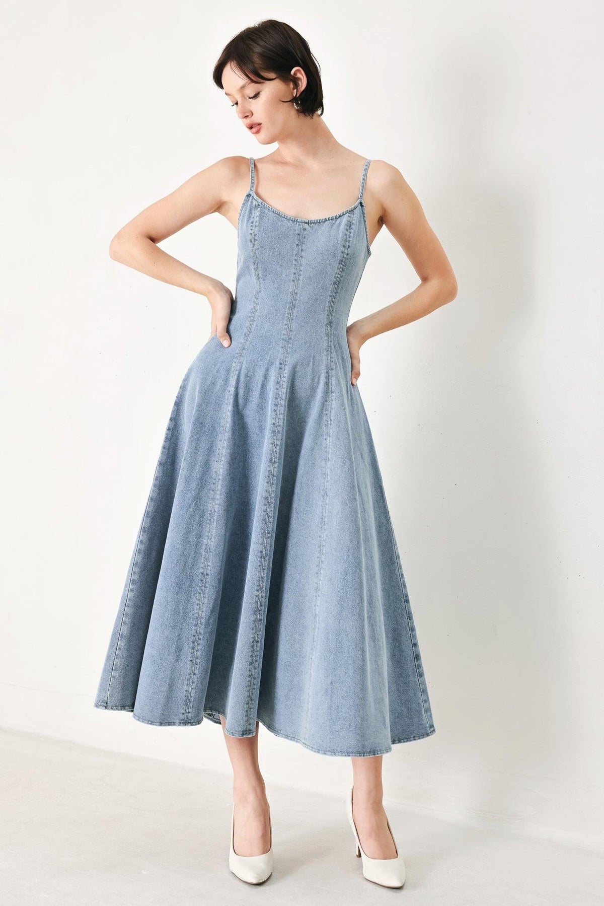 Cloud Ninette Denim Midi Dress in light denim, view 3 — Soul Flow Apparel