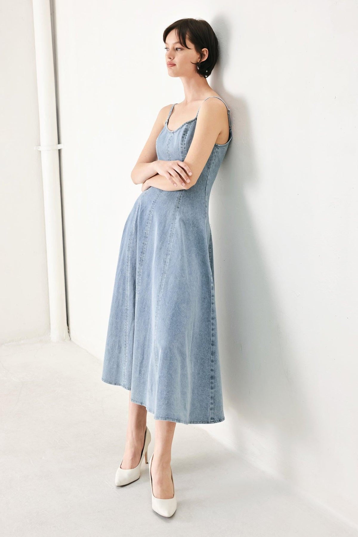 Cloud Ninette Denim Midi Dress in light denim, view 5 — Soul Flow Apparel