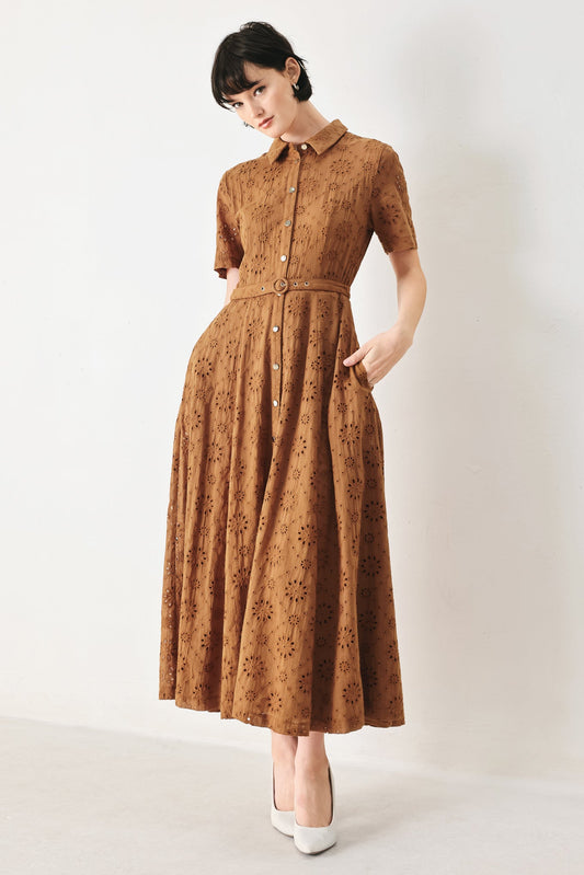 Timeless Love Woven Eyelet Midi Dress in camel, view 1 — Soul Flow Apparel
