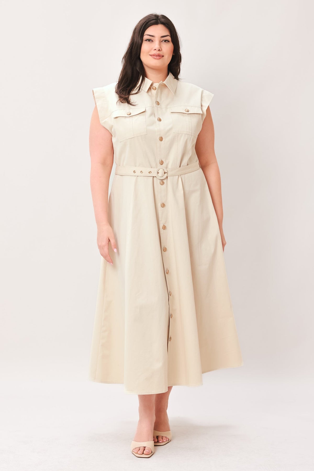 Neutral Command Woven Shirt Dress in ecru, view 12 — Soul Flow Apparel