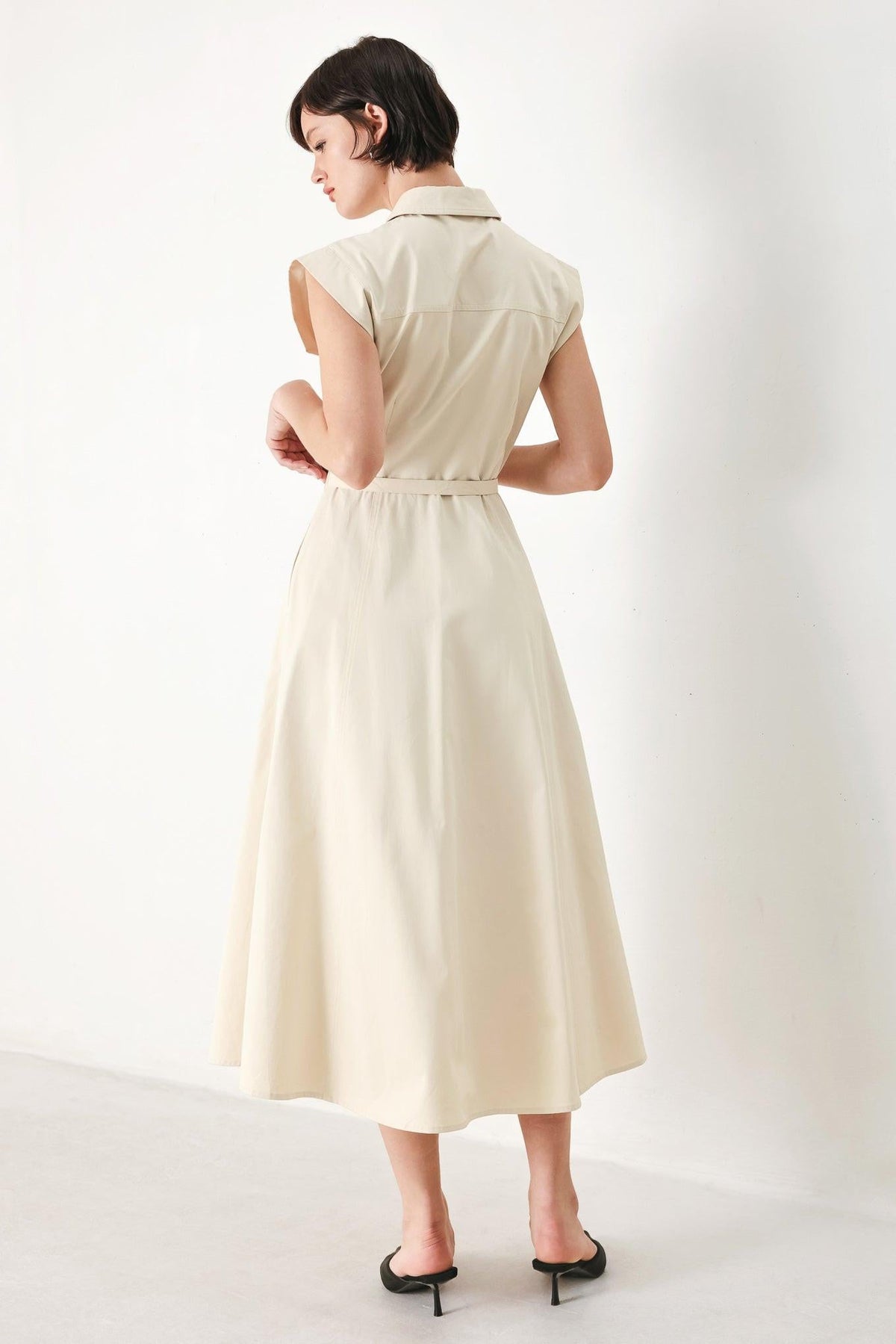 Neutral Command Woven Shirt Dress in ecru, view 7 — Soul Flow Apparel