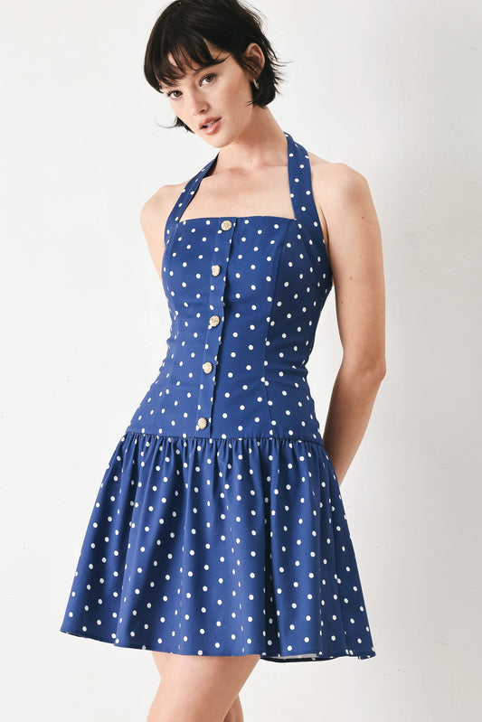 Dots & Dreams Woven Mini Dress in navy white, view 2 — Soul Flow Apparel