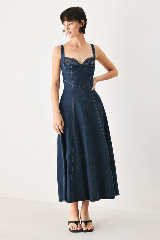 Western Charm Denim Midi Dress in indigo denim, view 3 — Soul Flow Apparel