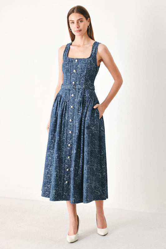 Midnight Garden Denim Midi Dress in indigo, view 1 — Soul Flow Apparel
