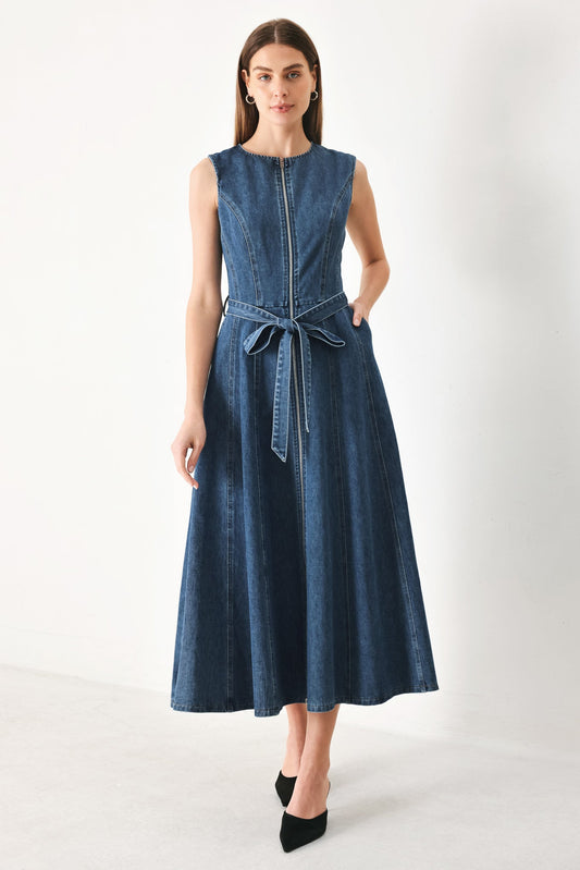 Indigo Silhouette Denim Midi Dress, view 1 — Soul Flow Apparel