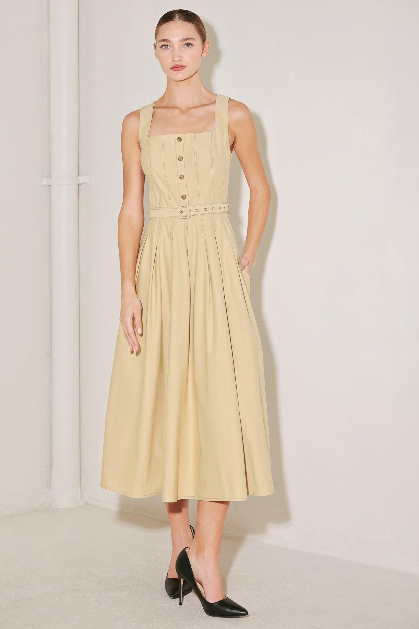Sahara Grace Woven Midi Dress in khaki, view 1 — Soul Flow Apparel