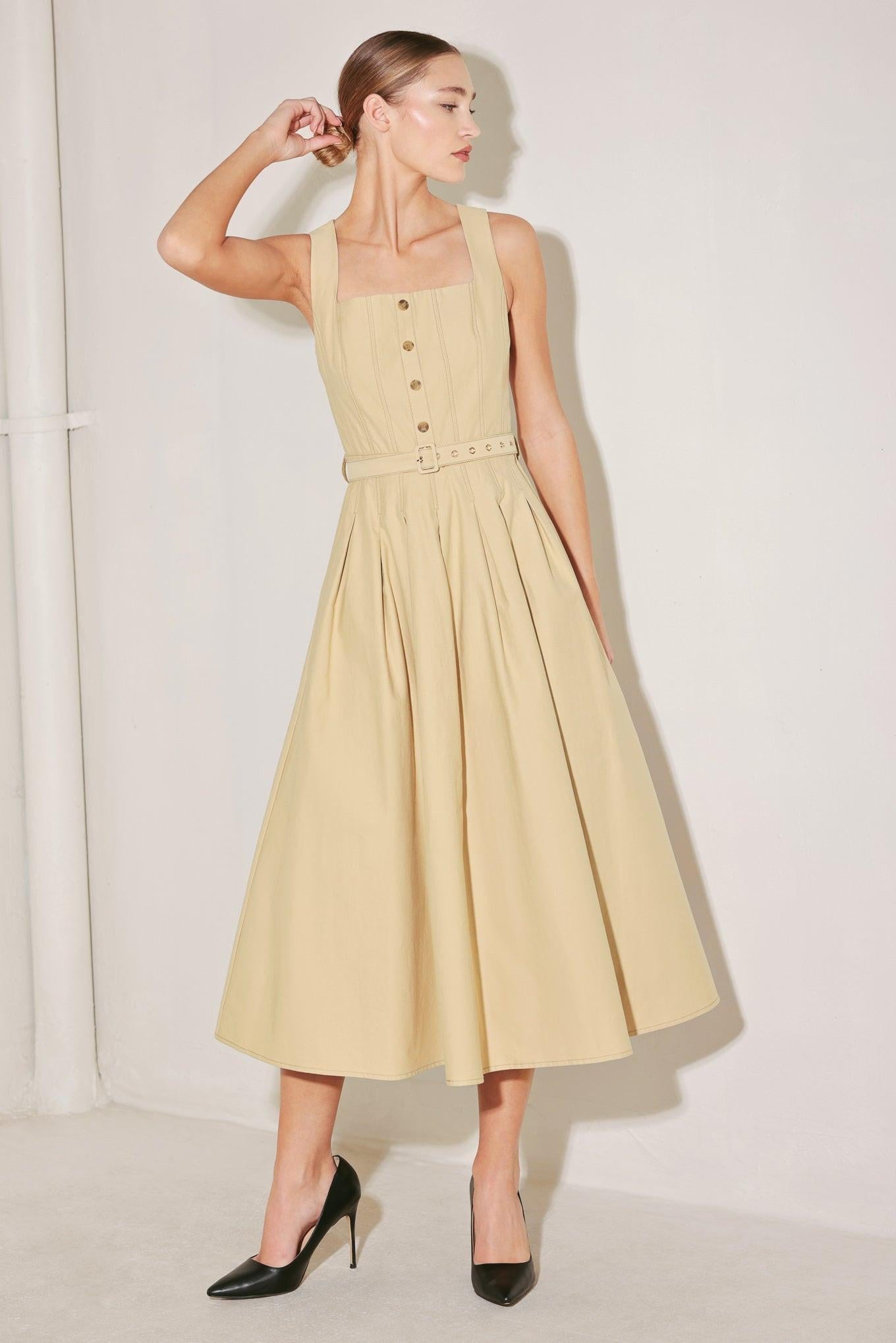 Sahara Grace Woven Midi Dress in khaki, view 2 — Soul Flow Apparel