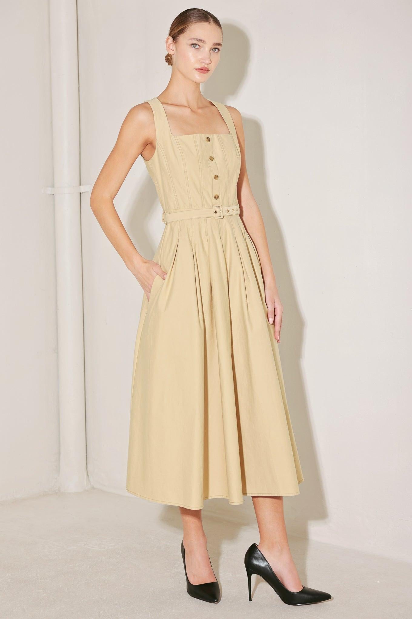 Sahara Grace Woven Midi Dress in khaki, view 4 — Soul Flow Apparel