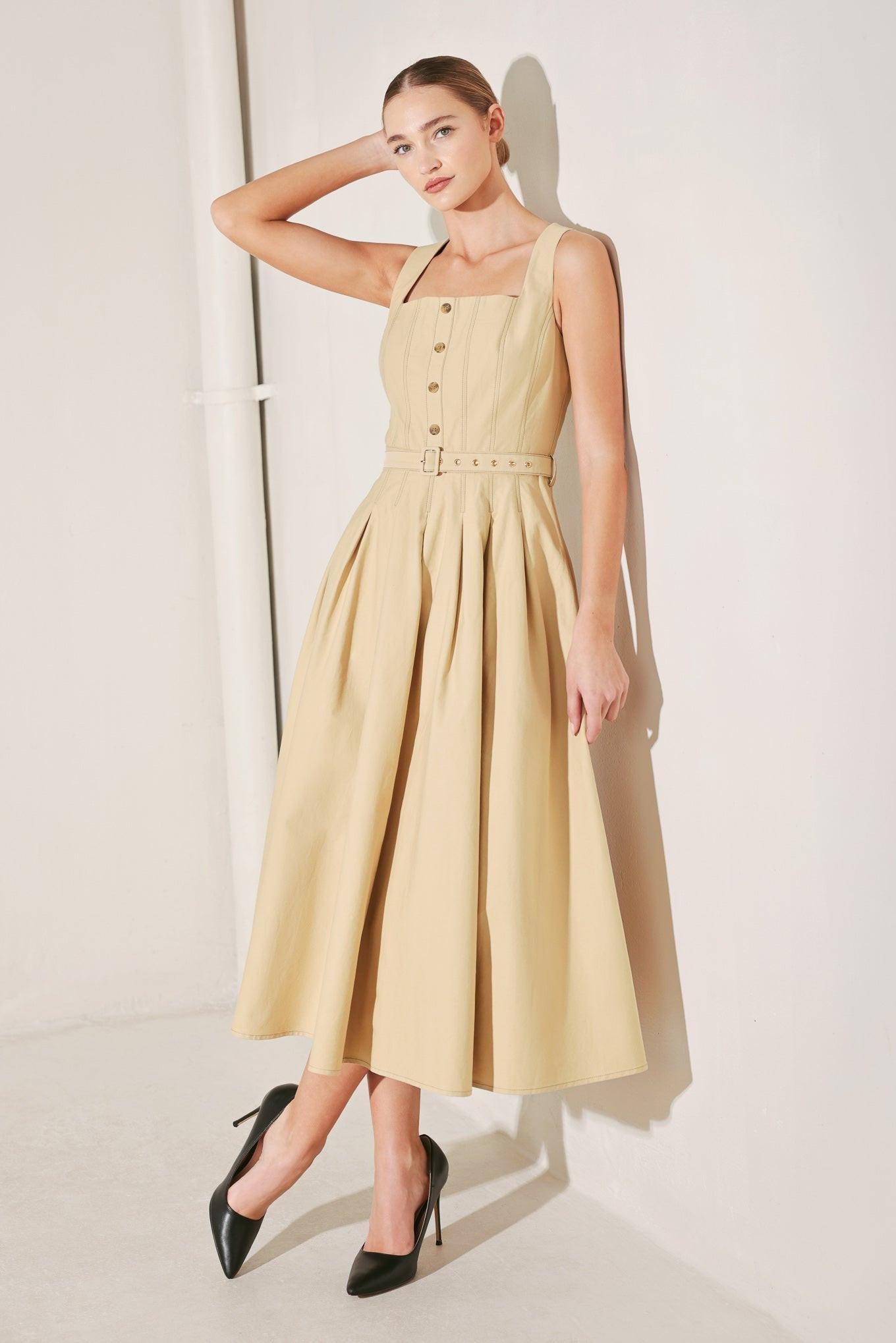Sahara Grace Woven Midi Dress in khaki, view 5 — Soul Flow Apparel