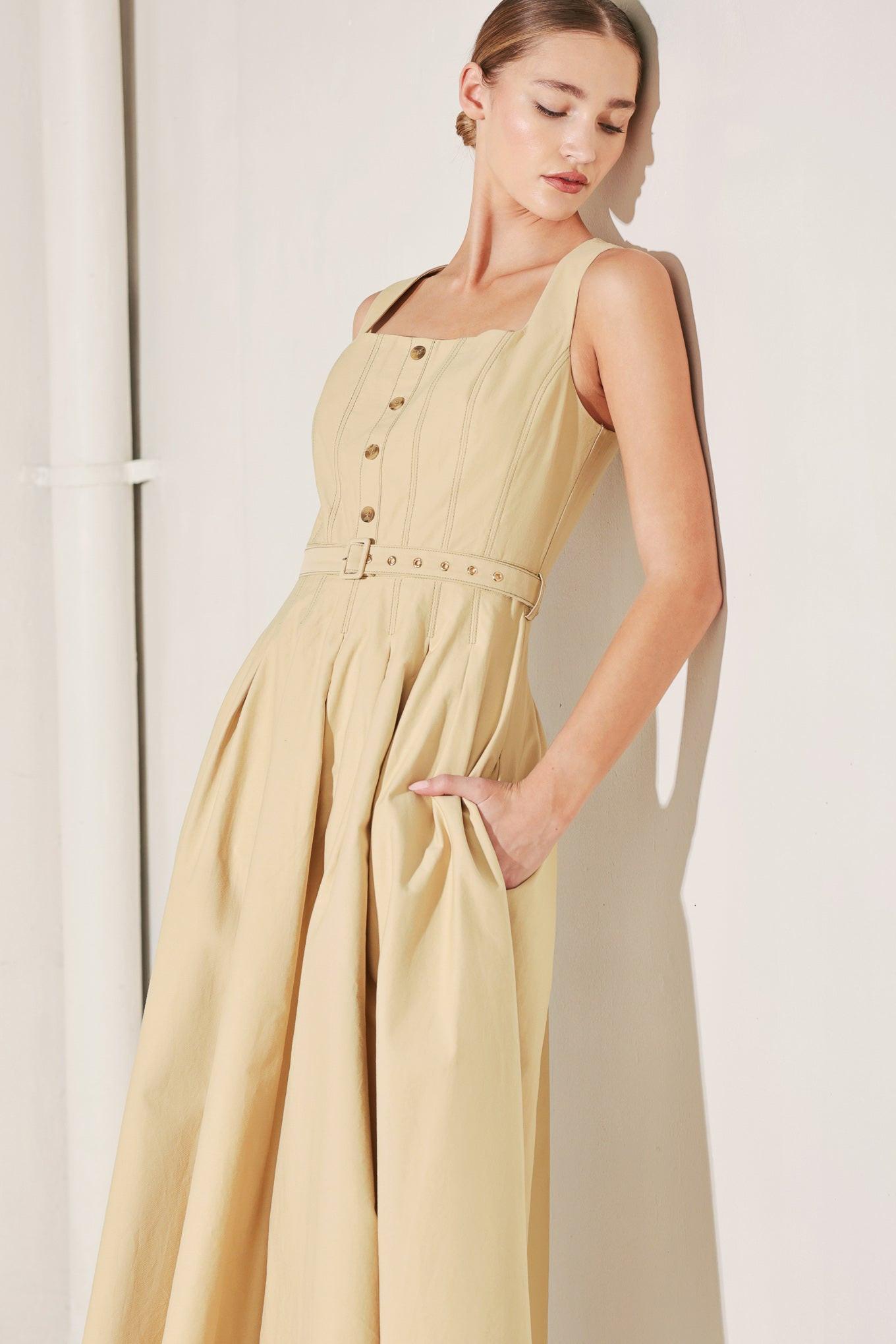 Sahara Grace Woven Midi Dress in khaki, view 6 — Soul Flow Apparel