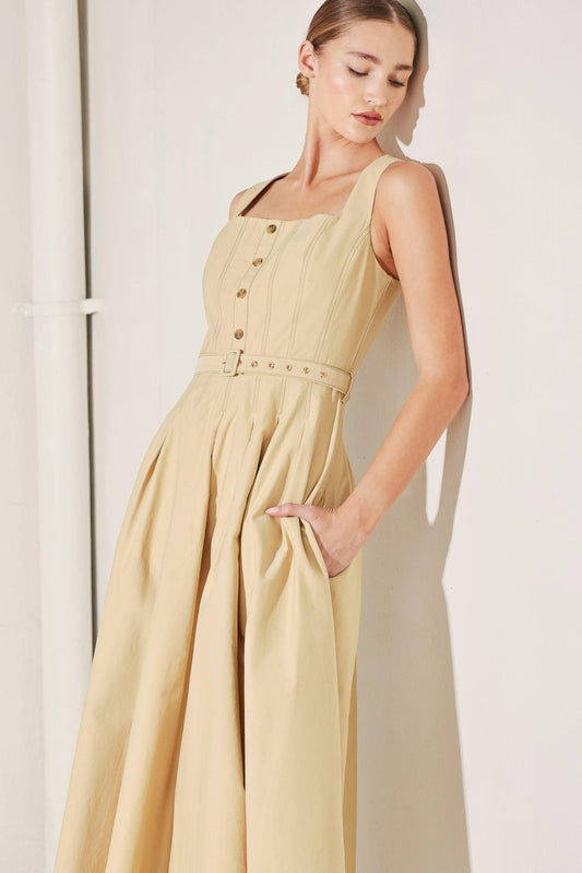 Sahara Grace Woven Midi Dress in khaki, view 6 — Soul Flow Apparel