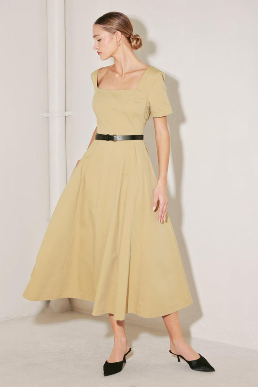 Warm Stone Edit Woven Midi Dress in beige, view 2 — Soul Flow Apparel