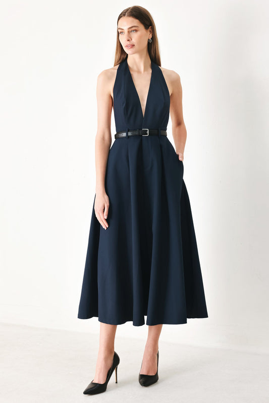 Midnight Form Woven Midi Dress in navy, view 1 — Soul Flow Apparel