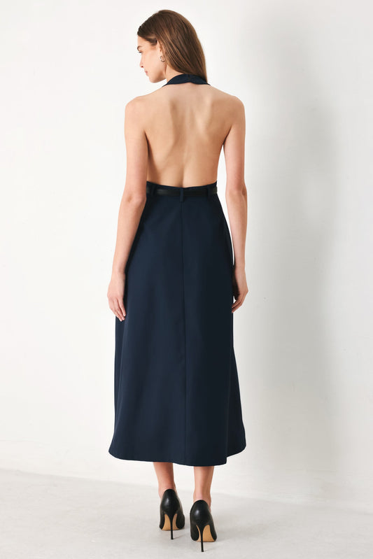 Midnight Form Woven Midi Dress in navy, view 6 — Soul Flow Apparel