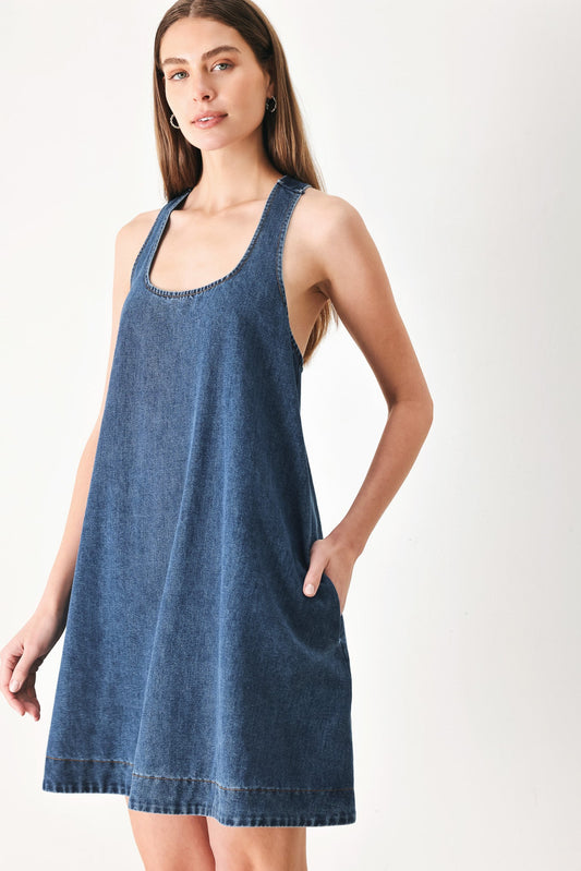 Blue Breeze Denim Mini Dress in indigo, view 2 — Soul Flow Apparel