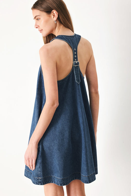 Blue Breeze Denim Mini Dress in indigo, view 3 — Soul Flow Apparel
